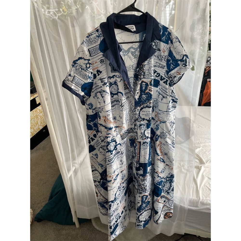 Retro Unique Vintage passport world stamp dress with collar and pockets!